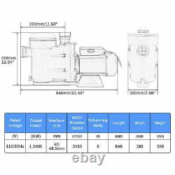 1.5HP Spa Swimming Pool Pump 5040 GPH Hi-Flo Strainer In Ground / Above Ground