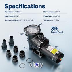 2.0 HP 6498 GPH Self Primming In/Above Ground Swimming Pool Pump & ON/OFF Switch 2.0 HP 6498 GPH Self Primming In/Above Ground Swimming Pool Pump & ON/OFF Switch