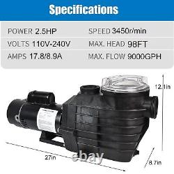 2 1/2HP Swimming Pool Pump Inground 98FT Hmax 9000GPH 2'' NPT 110-240V Hayward