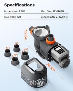 2.5 HP High-Flo Variable Speed Swimming Pool Pump Inground 230V 1.5 / 2 Fitting