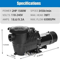 2HP Above/Inground Swimming Pool Pump Motor 6500GPH 79FT Hmax 110-240V Hayward