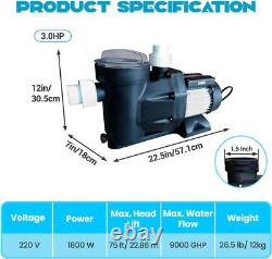 3HP Swimming Pool Pump 220V 9000 GPH 1800W In/Above Ground Pool Pump