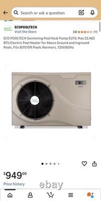 ECO POOLTECH Swimming Pool Heat Pump EU70 22,462 BTU Above Ground and Inground