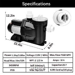 Hayward 1.5HP Above/Inground Swimming POOL PUMP MOTOR 7560GPH 52FT Hmax 110-120V