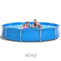 Round Above Ground Swimming Pool Patio Frame Pool With Pool Cover Iron Frame Blue