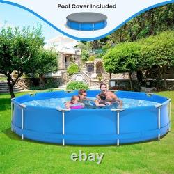 Round Above Ground Swimming Pool Patio Frame Pool With Pool Cover Iron Frame Blue