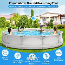 Round Above Ground Swimming Pool Patio Frame Pool With Pool Cover Iron Frame Grey