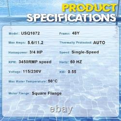 USQ1072 Pool Pump Motor 75HP, Fit for AO Smith Century 0.75HP Single Speed 3450